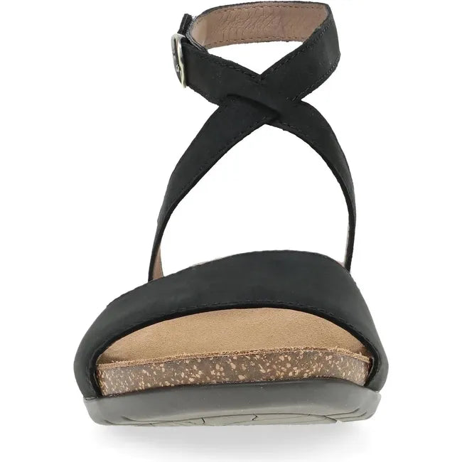 Front of Women's Dansko Rafferty Sandal in Black Milled Nubuck with velcro backstrap