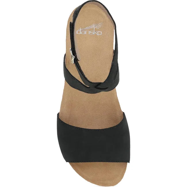Top down view of Women's Dansko Rafferty Sandal in Black Milled Nubuck with velcro backstrap