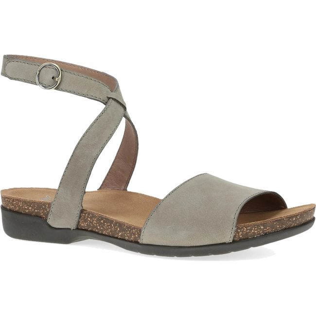 Lateral side of Women's Dansko Rafferty Sandal in Taupe Milled Nubuck with velcro backstrap