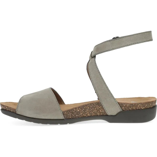 Medial side of Women's Dansko Rafferty Sandal in Taupe Milled Nubuck with velcro backstrap