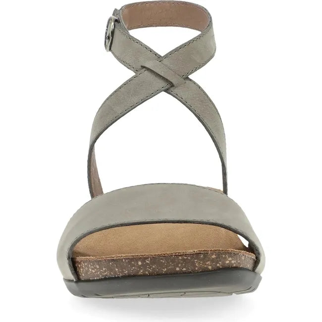 Front of Women's Dansko Rafferty Sandal in Taupe Milled Nubuck with velcro backstrap