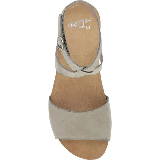 Top down view of Women's Dansko Rafferty Sandal in Taupe Milled Nubuck with velcro backstrap
