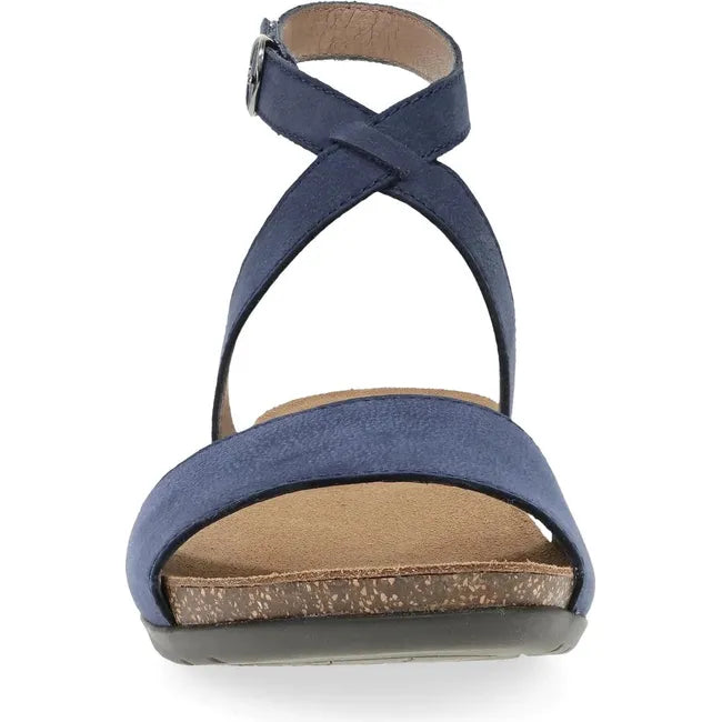Front of Women's Dansko Rafferty Sandal in Navy Milled Nubuck with velcro backstrap