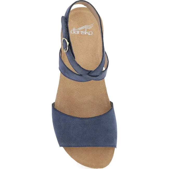 Top down view of Women's Dansko Rafferty Sandal in Navy Milled Nubuck with velcro backstrap