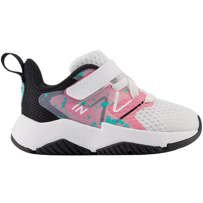 Side of velcro New Balanace Kids' Rave Run V2 Running Shoe in White, Real Pink, &amp; Black