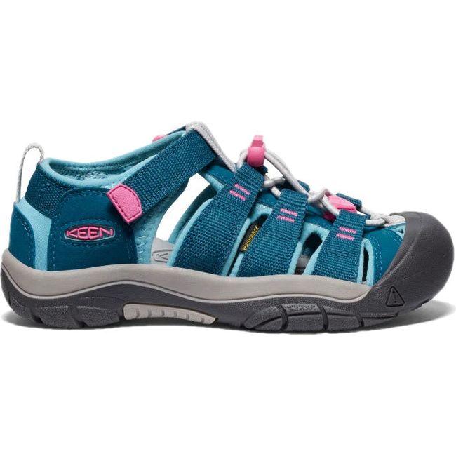 Lateral of KEEN Youth Kids' Newport H2 Closed Toe Sandal in Legion Blue and Hot Pink
