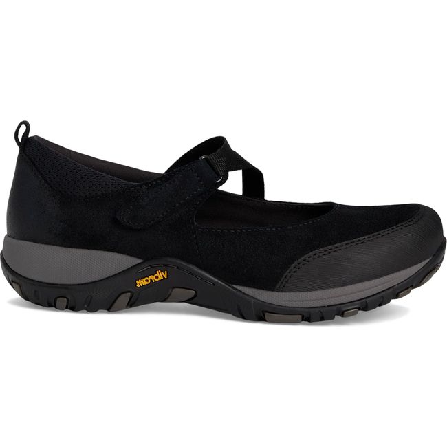 Lateral side of Women's Dansko Primrose Mary Jane Shoe in black suede with velcro strap