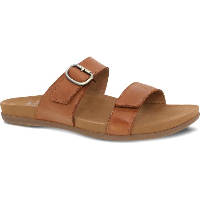 Lateral side of Women's Dansko Justine Sandal in Luggage Calf brown leather with velcro straps