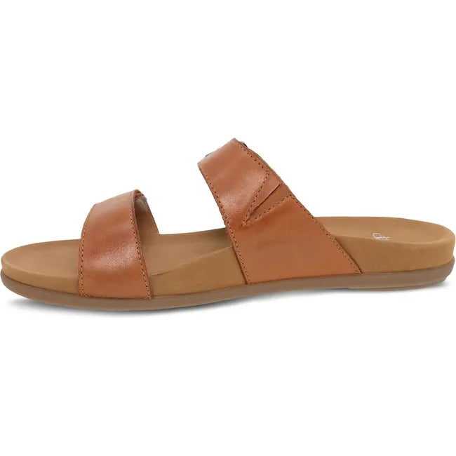 Medial side of Women's Dansko Justine Sandal in Luggage Calf brown leather with velcro straps