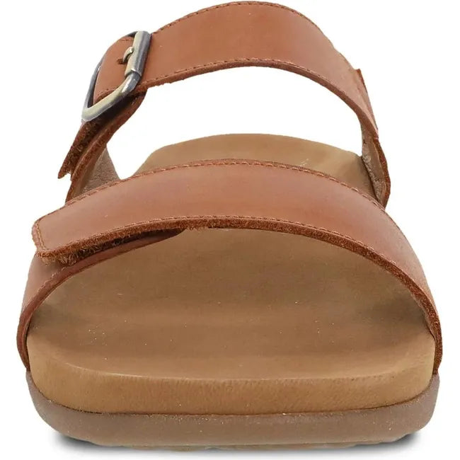 Front of Women's Dansko Justine Sandal in Luggage Calf brown leather with velcro straps