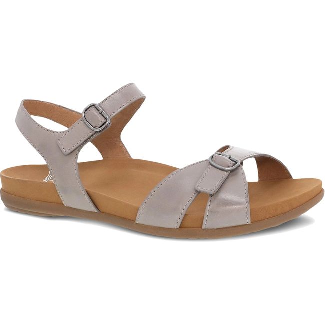 Lateral side of Women's Dansko Judith Sandal in Stone Calf leather with velcro straps