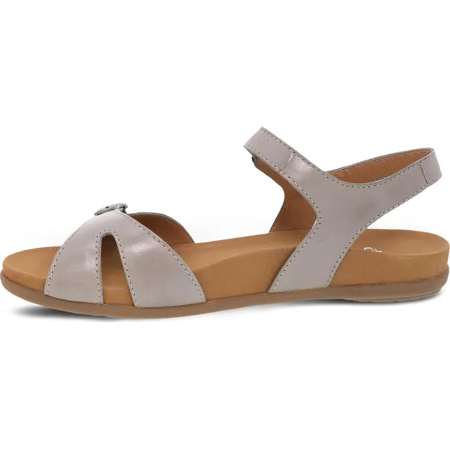 Medial side of Women's Dansko Judith Sandal in Stone Calf leather with velcro straps