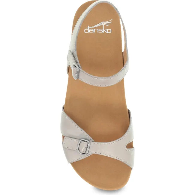 Top down view of Women's Dansko Judith Sandal in Stone Calf leather with velcro straps