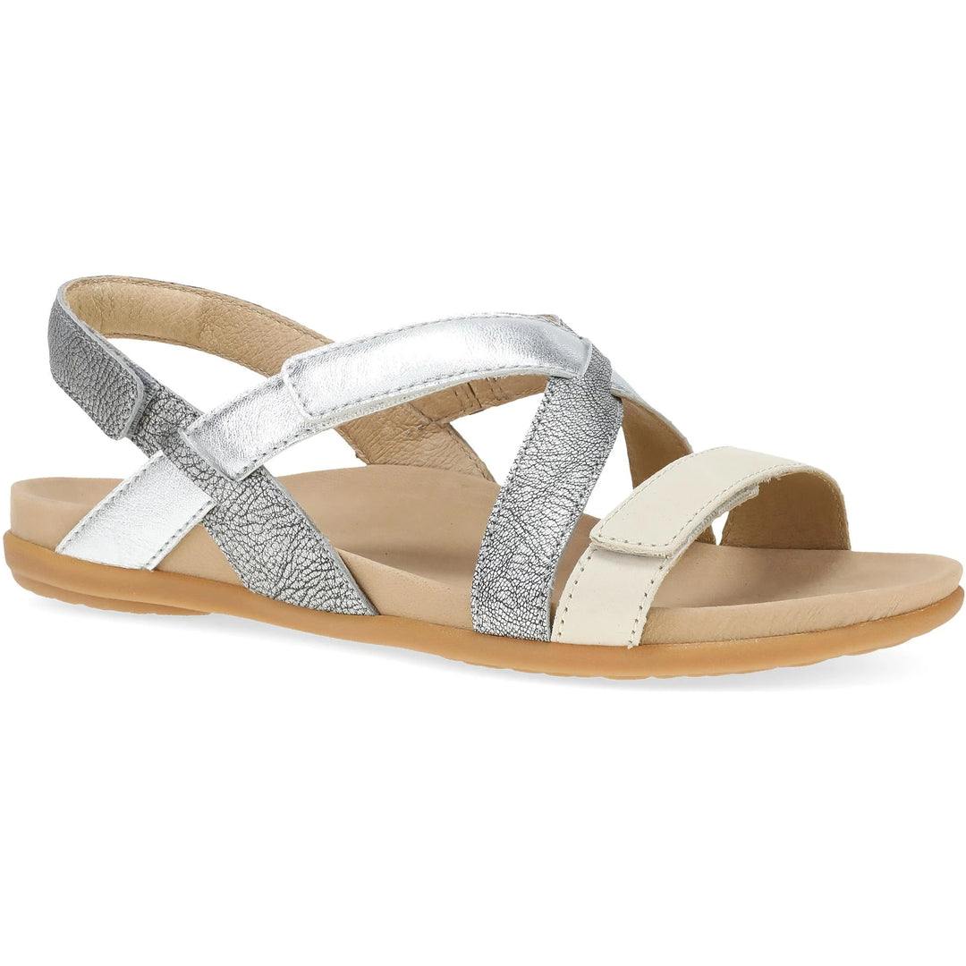 Front angled view of Women's Dansko Jacklyn Sandal in Silver Multi