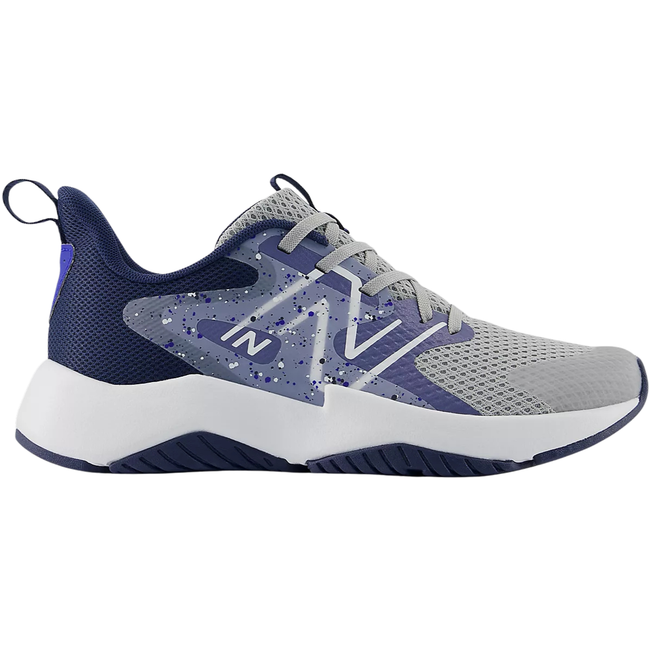 Side of New Balance Youth Rave Run V2 Kids' Running Shoe in Raincloud Grey & Navy