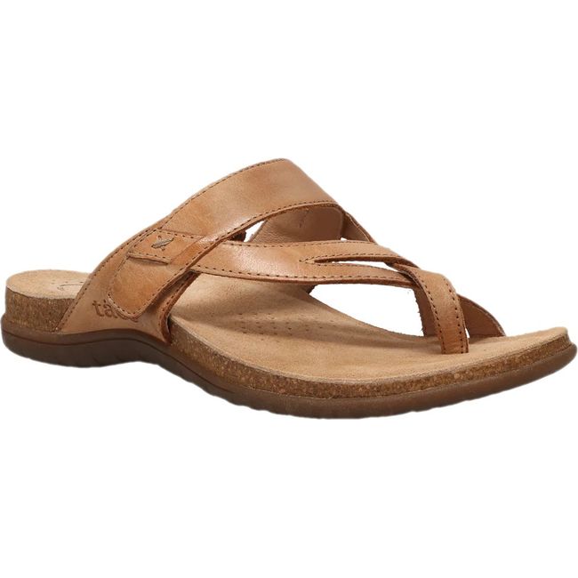 Front angled view of Women's Taos Perfect Sandal in tan leather with open back and toe post