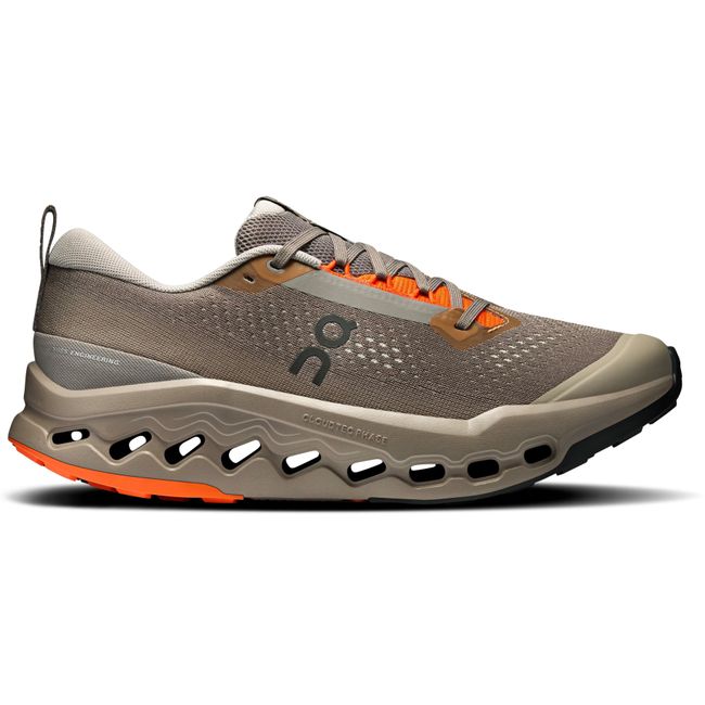 Lateral side of Men's On Running Cloudsurfer Trail 2 Running Shoe in Eclipse Brown, Cinder orange