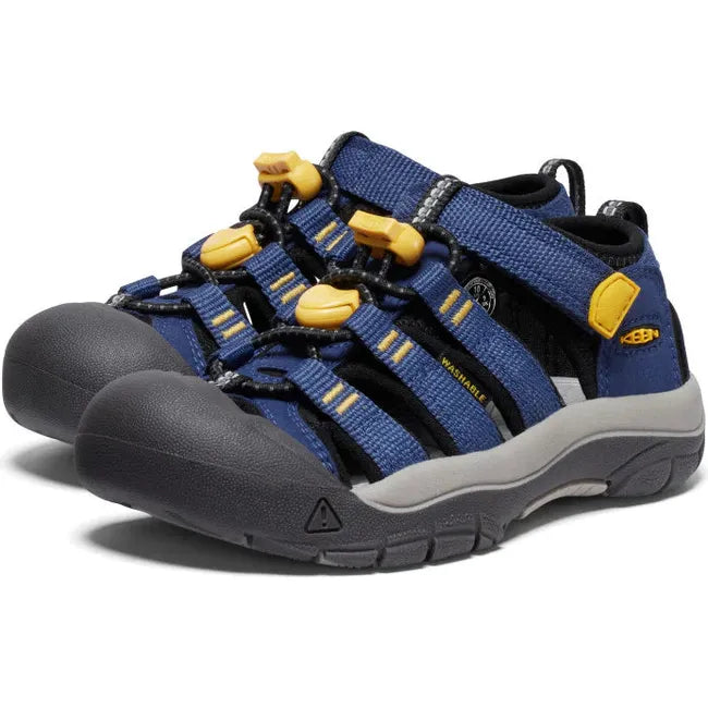 Pair of KEEN Little Kids Newport H2 Closed Toe Sandal in Naval Academy and Keen Yellow