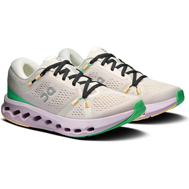 Pair of Women's On Running Cloudsurfer 2 Running Shoes in Pearl Orchid beige and purple