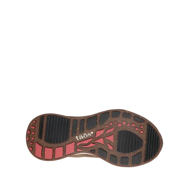 Sole of Womens Taos Waterproof Shasta Shoe. Dark taupe leather. White sole. Black and brown tread