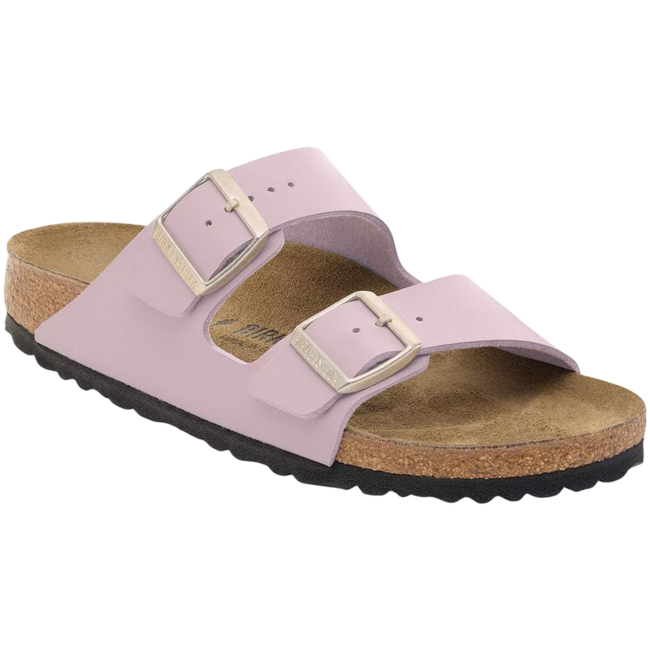 Angled side of Birkenstock Women's Birko-Flor Arizona Sandal in Faded Purple