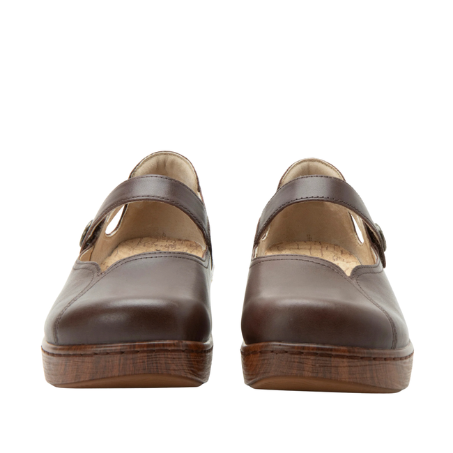 Front of Alegria Women's Onika Mary Jane Shoes in Coffee Bean Brown Leather