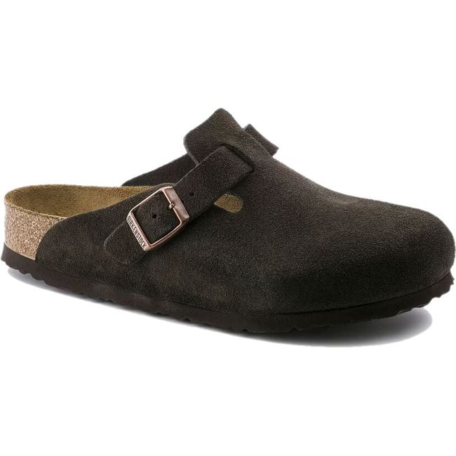 Front angled view of Birkenstock Unisex Boston Soft Footbed Suede Clog in mocha