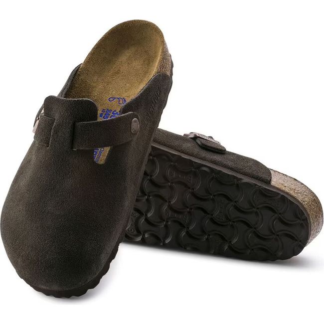 Upper and sole of Birkenstock Unisex Boston Soft Footbed Suede Clogs in mocha