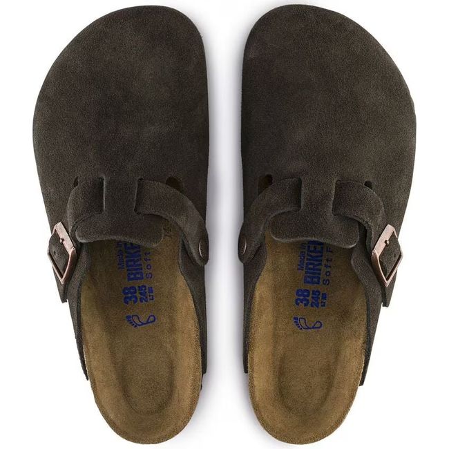 Top down view of Birkenstock Unisex Boston Soft Footbed Suede Clogs in mocha
