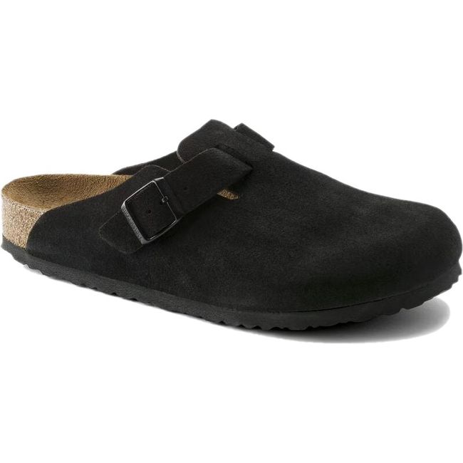 Front angled view of Birkenstock Unisex Boston Soft Footbed Suede Clog in black