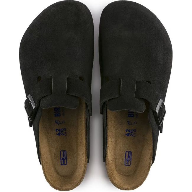 Top down view of Birkenstock Unisex Boston Soft Footbed Suede Clogs in black