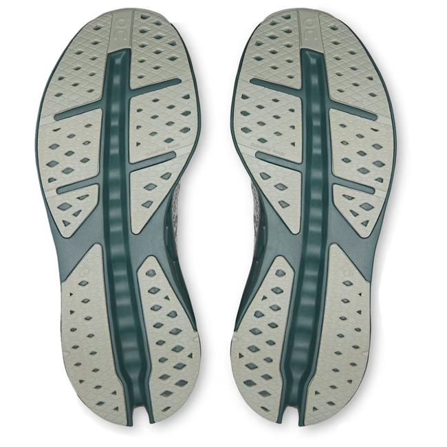 Soles of On Running Men's Cloudsurfer Max Running Shoe in Olive Iceberg