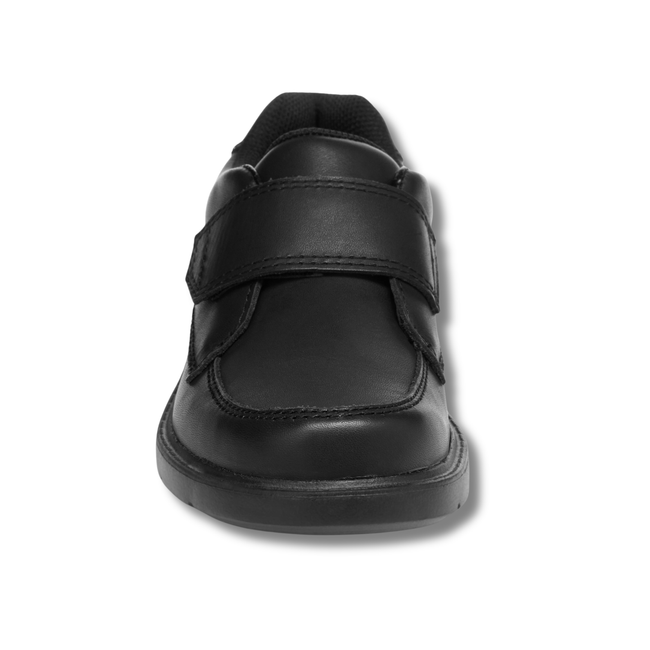 Front of Stride Rite Kids' Laurence Loafer in Black Leather with a velcro strap