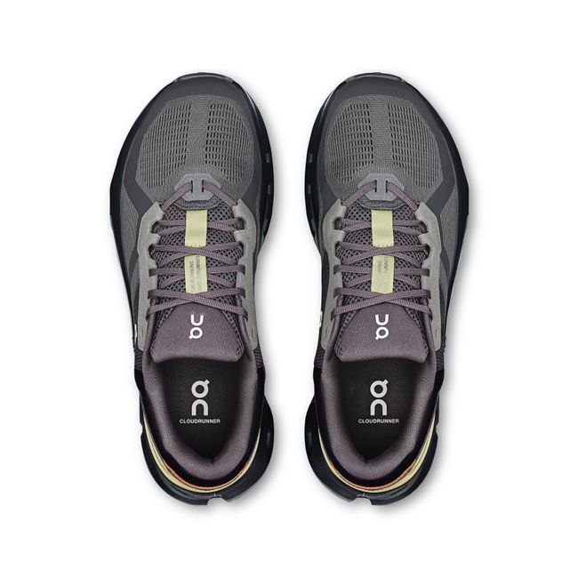 Lace up upper of On Running Men's Cloudrunner 2 Running Shoes in Rock Gray and Tangerine