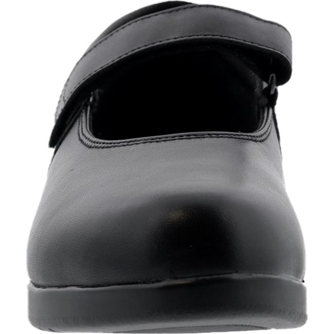 Front of Women's Drew Mary Jane Bloom II Shoe in Black Leather with velcro strap