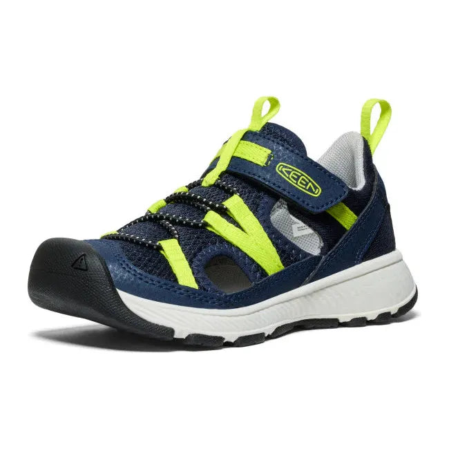 Front angled view of KEEN Kids' Motozoa Sandal in Naval Academy blue Evening Primrose yellow