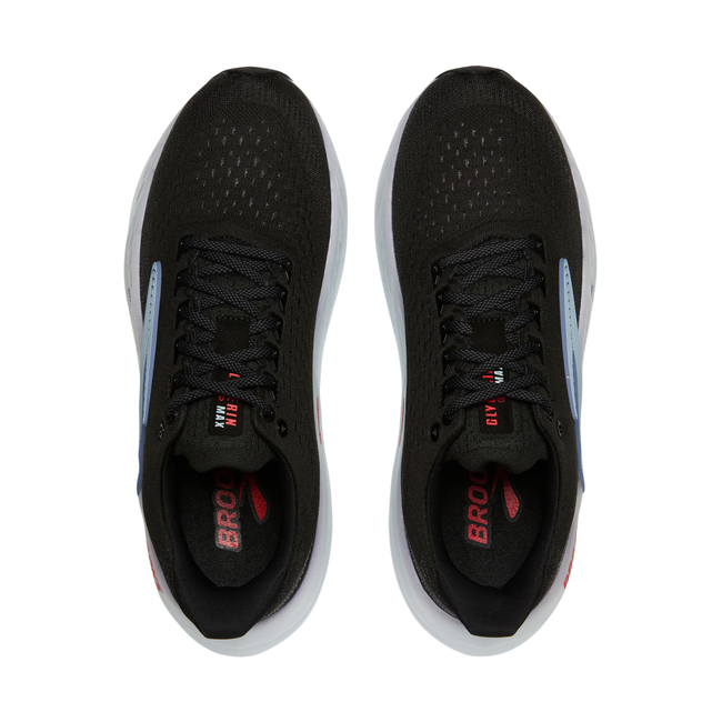 Top of Men's Brooks Glycerin Max Running Shoes. Black upper with blue and pink accents. Lace closure
