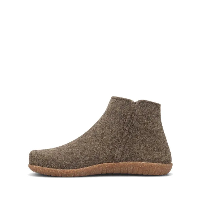 Medial side of slip on Women's Taos Good Wool Slipper Boot in brown olive wool
