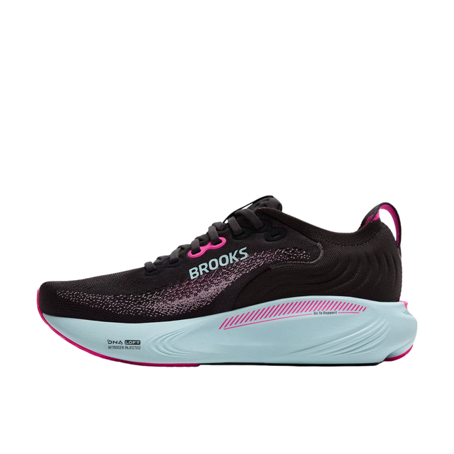 Medial side of Brooks Women's Adrenaline GTS 25 Running Shoe in Black and Cyber Pink