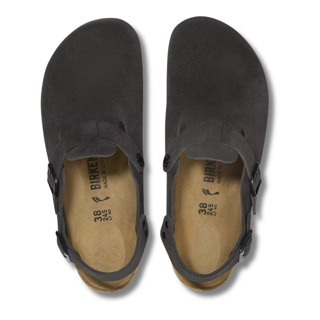 Tops of Birkenstock Women's Tokio Clogs in Black Suede with cork footbed