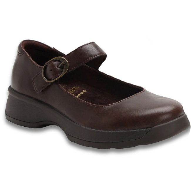 Front angled view of Alegria Women's Jazmine Mary Jane Shoe in Brown Espresso Leather