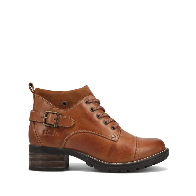 Lateral side of Womens Taos Mini Crave Boot in caramel leather. Ankle boot and lace up closure