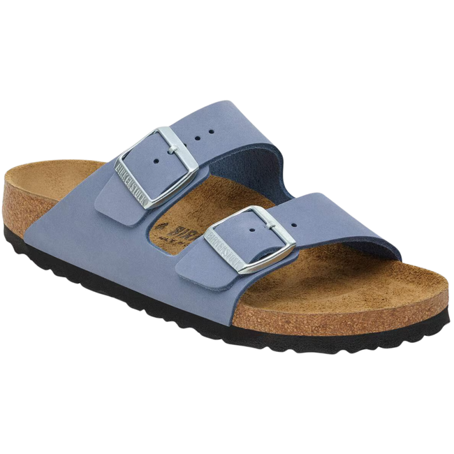 Angled Side of Birkenstock Women's Arizona Nubuck Sandal in Stone Blue