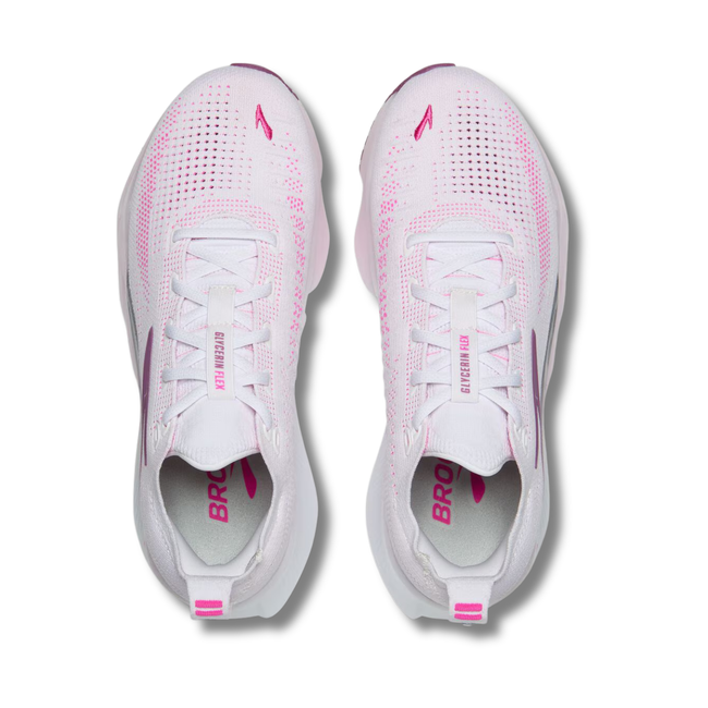 Tops of Brooks Women's Glycerin Flex Running Shoe in White Cyberpink