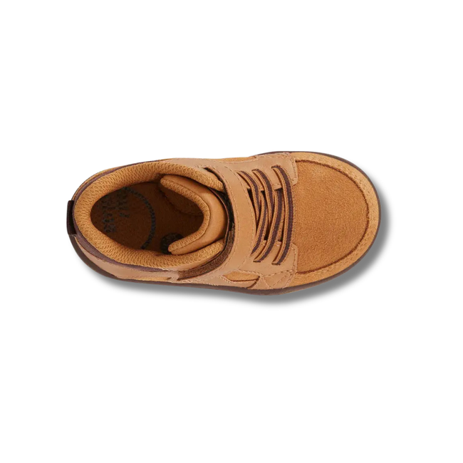 Top of Stride Rite Kid's Ames High Top Sneaker with velcro strap in Honey Tan