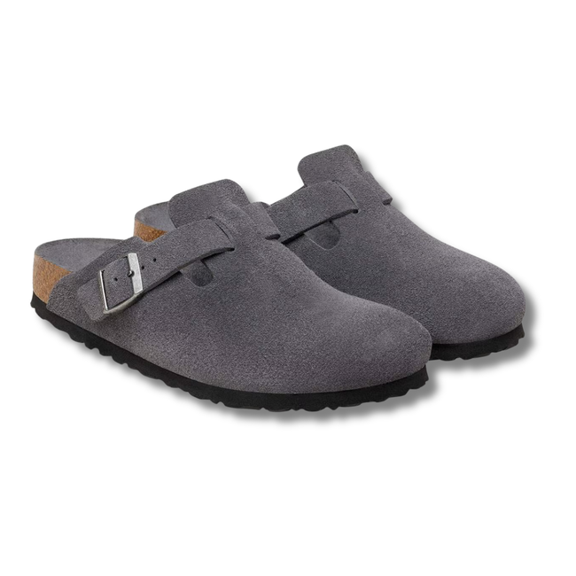 Angled pair of Birkenstock Unisex Boston Soft Footbed Suede Clog in Charcoal