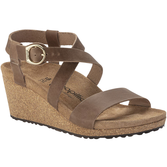 Angled side of Papillio By Birkenstock Women's Sibyl Ring-Buckle Sandal in Cognac Brown