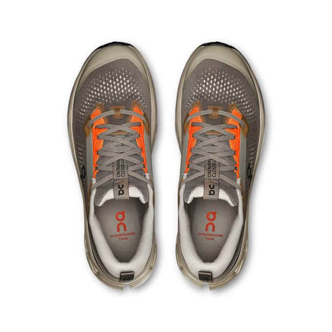 Upper of Men's On Running Cloudsurfer Trail 2 Running Shoes in Eclipse Brown, Cinder orange