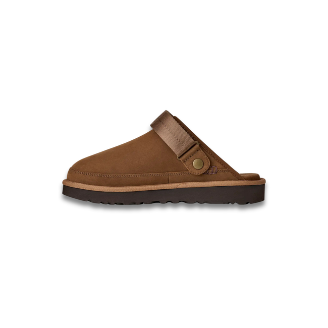 Medial side of UGG Men's Goldencoast Clog II Nubuck in Dark Chestnut Brown