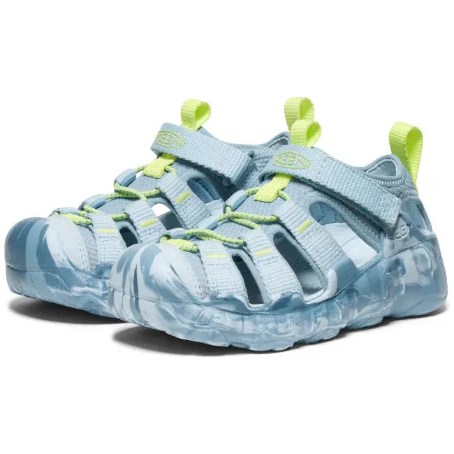 Pair of KEEN Kids' Hyperport H2 Closed Toe Sandal in Skyway green and Faded Denim blue
